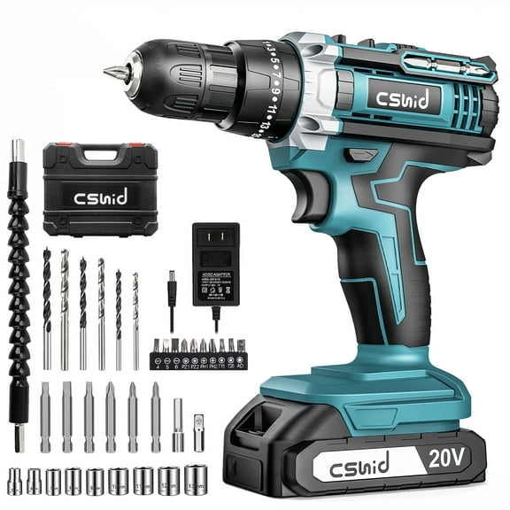 Cshidworld 20V Cordless Drill, Electric Power Drill Set with 1 Battery & Charger, 3/8" Keyless Chuck, 2 Variable Speed & LED Light, 266 In-lb Torque, 25 1 Position and 34pcs Drill/Driver Bits(Blue)