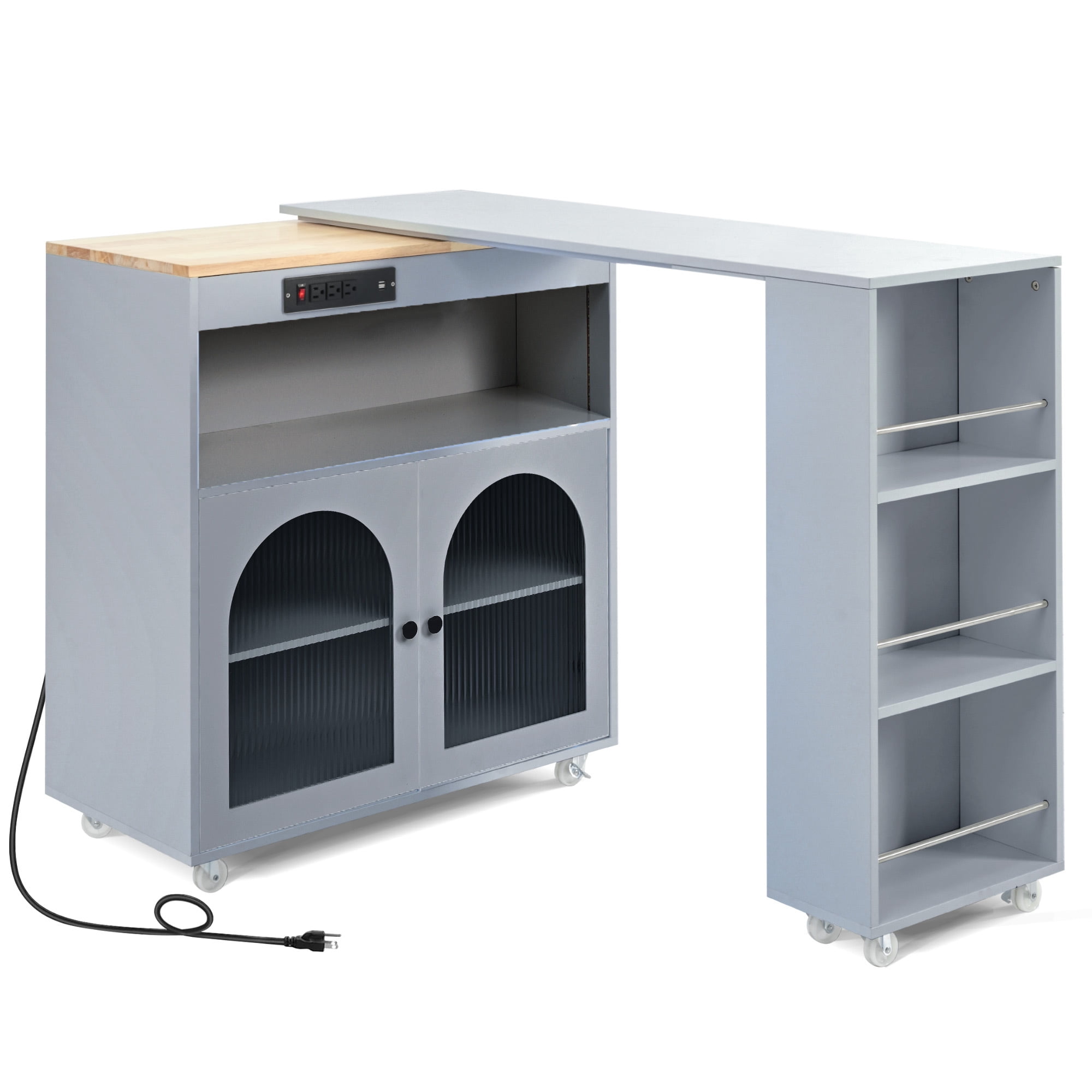 MODERNLUXE Rolling Kitchen Island with Extendable Dining Table, Mobile Island with Storage Cabinets & Side Open Shelves,Large Island Cart on Wheels for Kitchen & Dining Room,Grey Blue