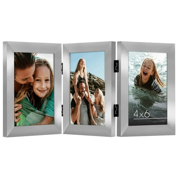 Americanflat Hinged 3 Photo Frame In Nickel Color Mdf - Desk Photo Frame For 4X6"" Photos - Tri Folding Picture Frame For Desk - Displays 3 Photos With Shatter-Resistant Glass Covers