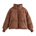 thumbnail image 2 of Jinhomg Womens Cropped Cotton Coat Fall Winter Comfy Long Sleeve Stand Collar Puffer Jacket Thermal Casual Solid Full-Zip Outerwear with Pockets Coffee M, 2 of 7