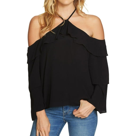 1.STATE Womens Cold Shoulder Knit Blouse, Black, X-Small