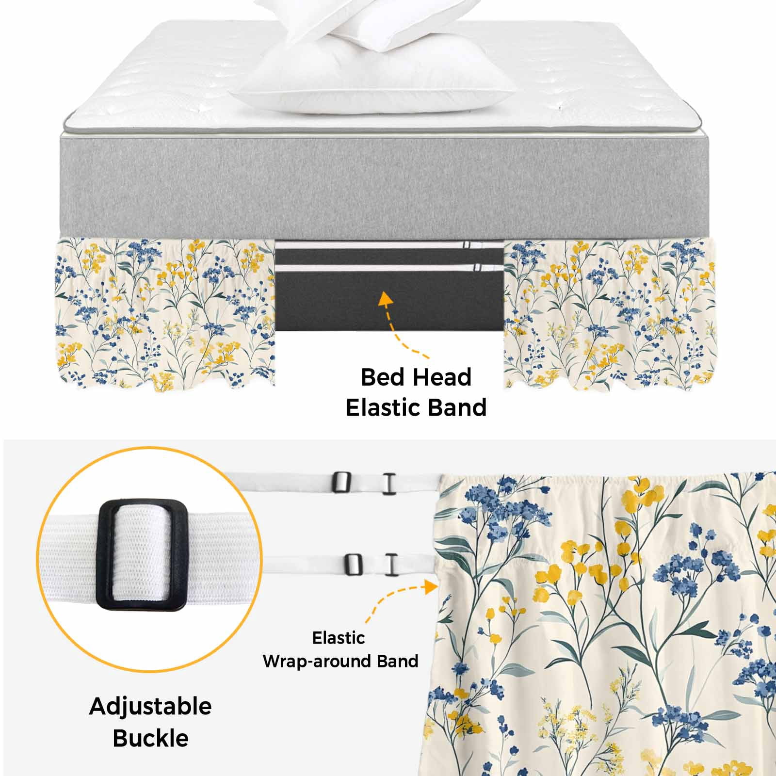 Yellow Blue Flowers Bed Skirt King Size, Watercolor Botanical Floral Plants Wrap Around Bed Skirting with Adjustable Elastic Strap, Dust Ruffle Pleated Bedskirts 16 Inch Drop for Bedroom King Beds