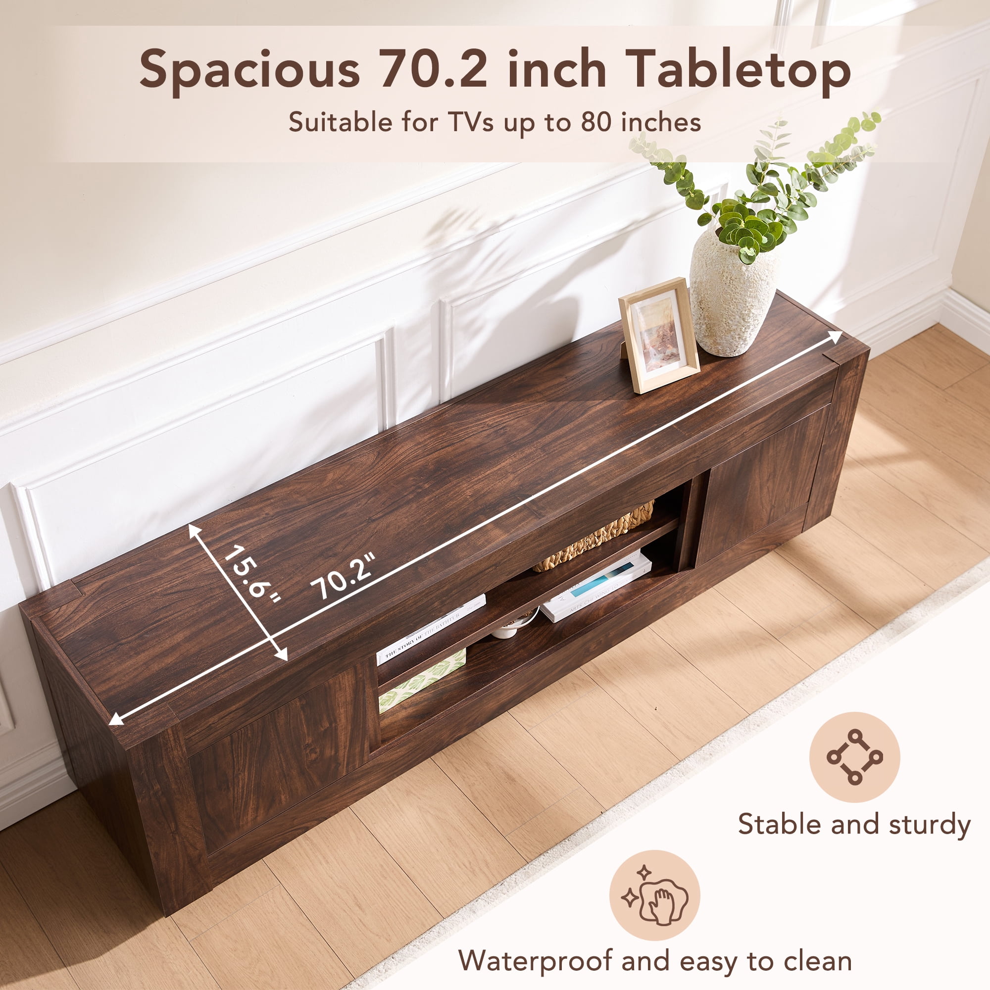 KeyWhat 70" Modern Low Profile TV Stand for TVs up to 80", Open Storage & Adjustable Shelves