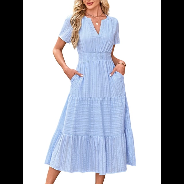 Vestido Midi Bohemio de Playa para Mujer, Informal, Ligero, de Verano, con Mangas , Escote en V y Cintura Elástica, con Bolsillos. Azul S