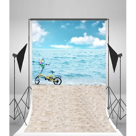 Image of HelloDecor 5x7ft Photography Backdrop Tropical Seaside Sandbeach Child Bike Blue Sky Clouds Holiday Backdrops Children Baby Kids Portrait Shooting Video Studio Props