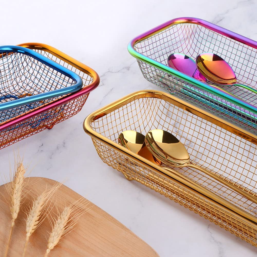 Kitchen Drawer Organizer, Stainless Steel Storage Container Rose Gold Metal Cabinet Storage Basket for Holding Silverware Kitchen Utensil, Pack of 2