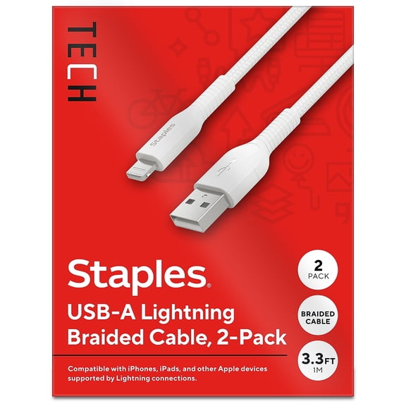Staples TECH Lightning to USB-A Charging Cable 3.3 ft. White 2/Pack (ST62330)