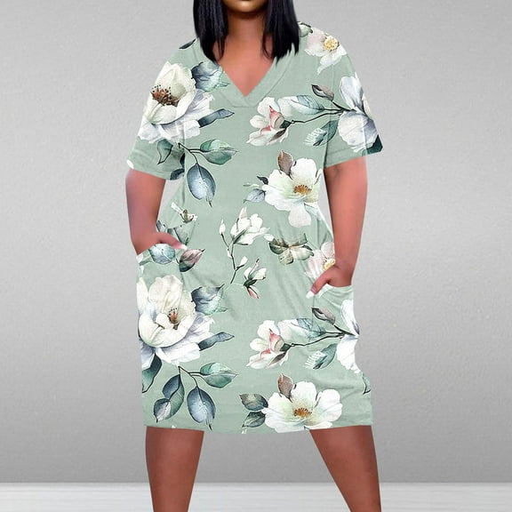 Yotami Plus Size Sundress for Women Short Sleeve Floral Print Summer Midi Dress with Pocket V-Neck Dress for Holiday