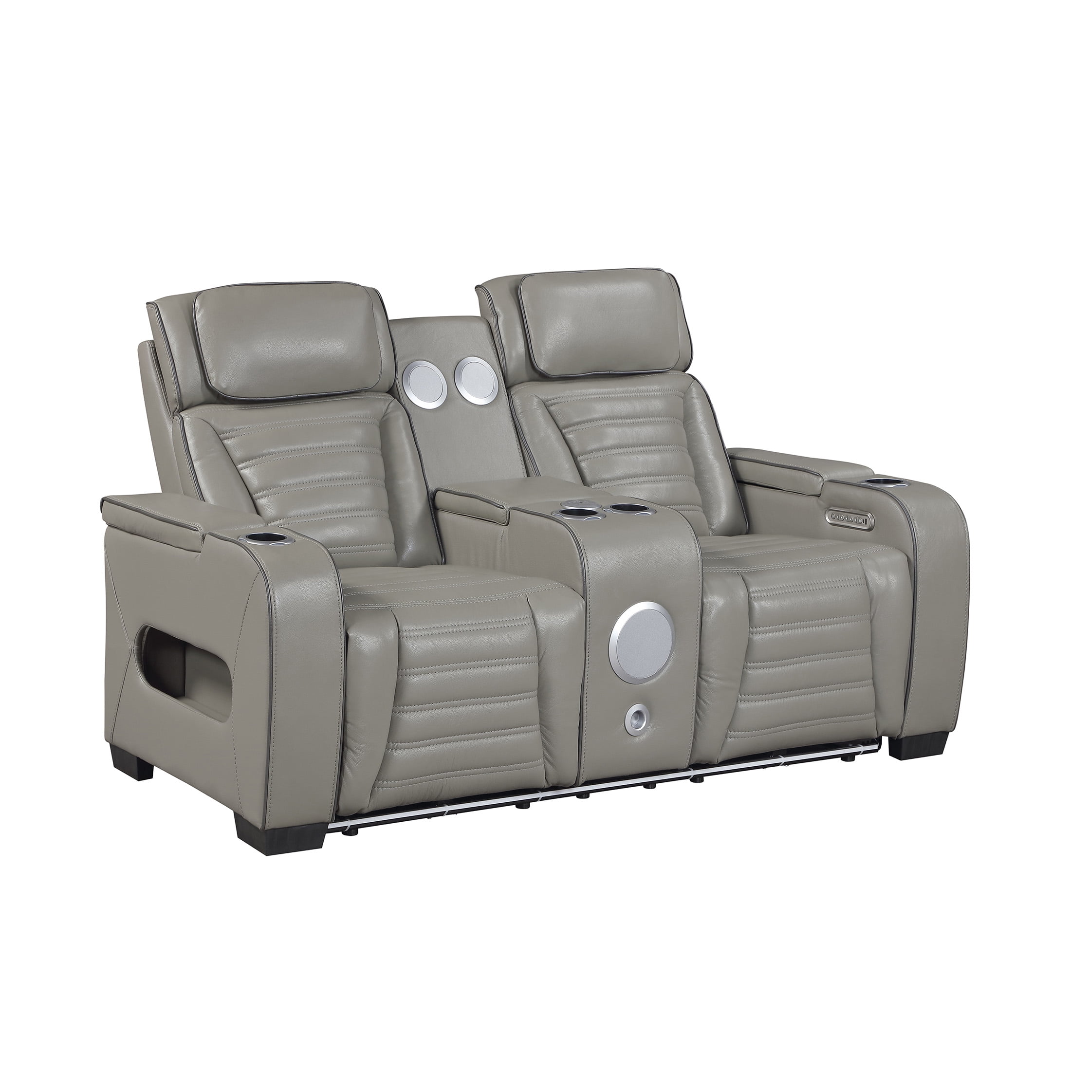 OakvillePark Elantra Leather Match Power Double Reclining Love Seat with Center Console/Power Headrests/Storage Arms/Cup Holders/Wireless speakers/Air Massage/Heat/LED Lighting/Charging Ports, Gray