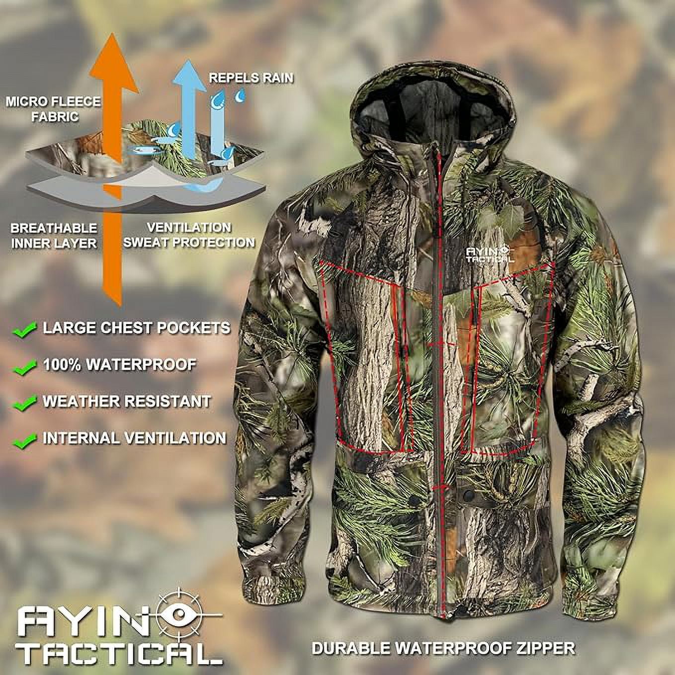 AYIN Hunting Camo Rain Suit, Breathable Waterproof Camouflage Rain Hooded Jacket and Pants with Wateproof Zippers (Size X Large)