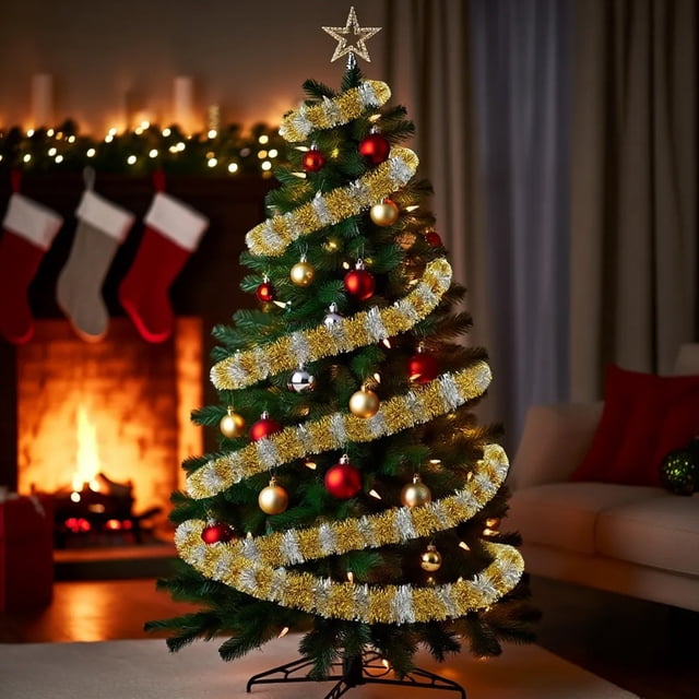 Árbol de Navidad de Lana a Rayas de Colores de 7,5 Pies, Decoración Festiva para Interiores, Fiestas En Casa y Oficinas.