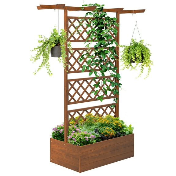 63" Wood Raised Garden Bed with Trellis, Orange Planter Box for Climbing Plants & Flowers