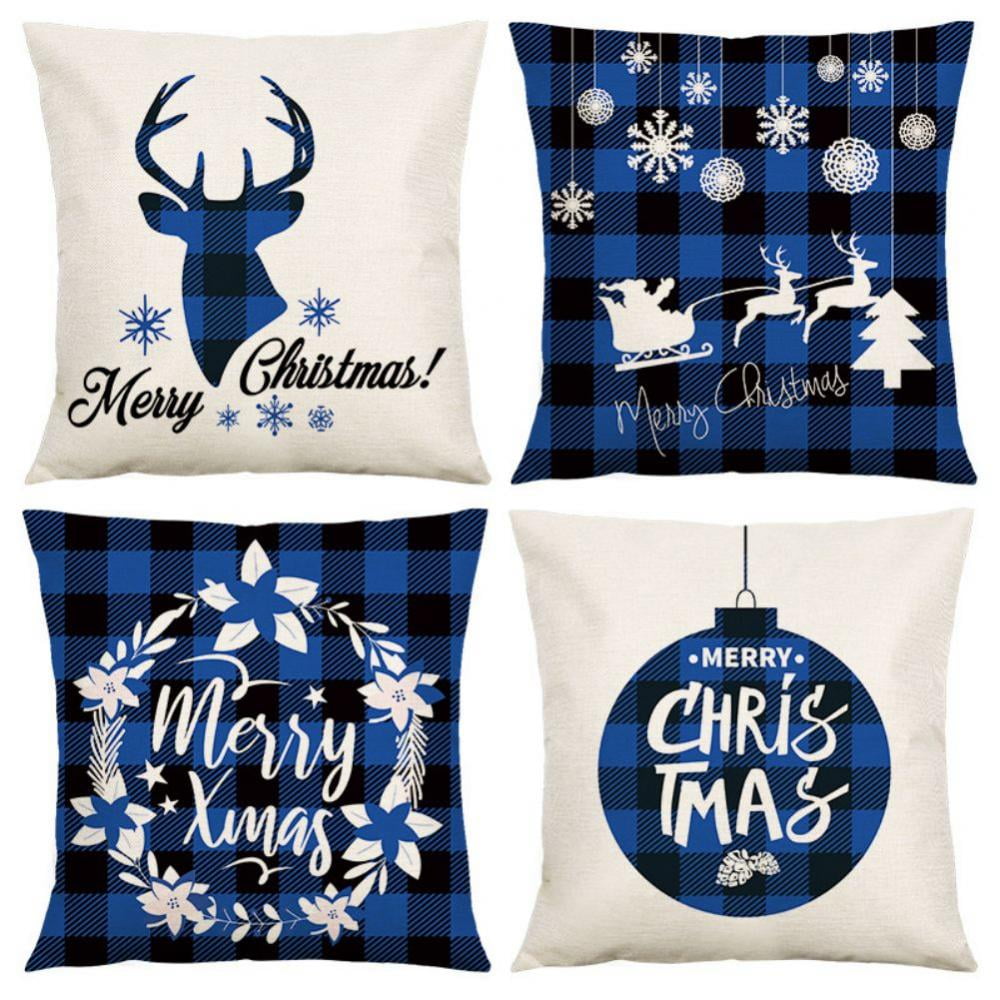 Christmas Blue Pillow Covers Winter Snowflakes 18x18Inches Decorative Throw Pillow Covers Holiday Rustic Outdoor Linen Pillow Case Christmas Tree Square Cushion Case for Bed Sofa Couch Chair Set of 4