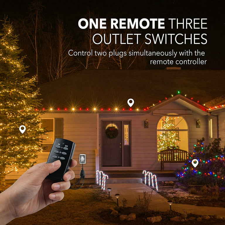 HBN Outdoor Indoor Wireless Remote Control 3-Prong Outlet Weatherproof Heavy Duty 15 A Compact 1 Remote 3 Outlets with Remote 6-Inch Cord 100ft