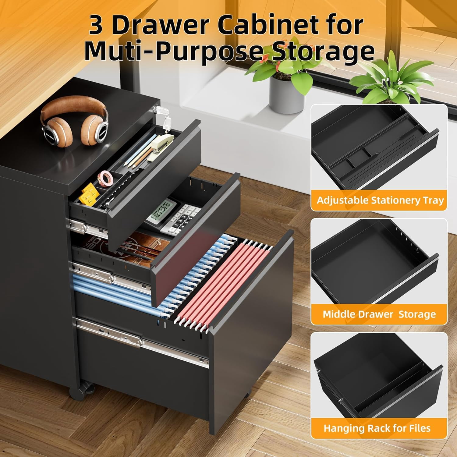 SOLAURA 3 Drawer Mobile File Cabinet with Lock & Wheels, Fully Assembled Rolling Filing Cabinet Except Casters, Under Desk Metal Storage for Office, Fits Legal/Letter/A4 Size(Assembled, Black)