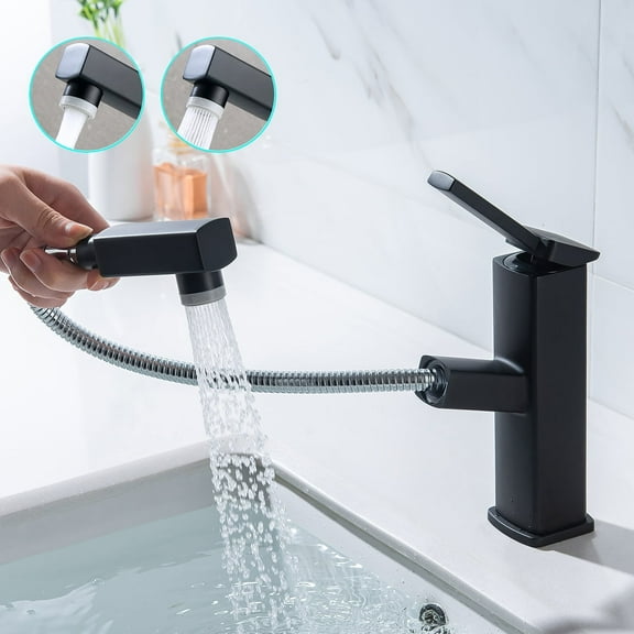 KAIYING Pull Down Vessel Sink Faucet, Single Hole High Bathroom Sink Faucet with Pull Out Sprayer, Modern Lavatory Basin Mixer Tap(Regular, Black)