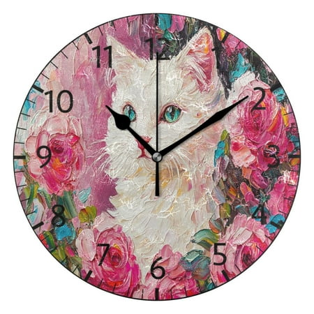YAZAOO Decorative Wall Clock Size:25cm Cat Surrounded by Rose Design Pattern Clock