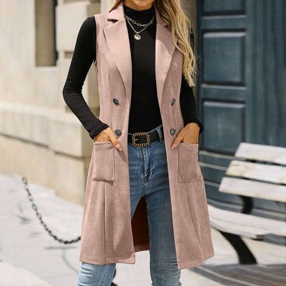 EOYWHK Suede Jackets for Women Sleeveless Vest Long Trench Coat Vintage Notched Lapel Suit Vests with Pockets