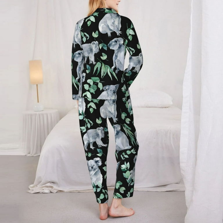 Pajamas for Women Set Cartoon Koala Bear Soft Comfy Long Sleeve Button Up Pajama Sets for Women 2 Piece Sleepwear Nightwear Pjs Lounge Sets for