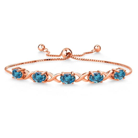 Gem Stone King 18K Rose Gold Plated Silver London Blue Topaz Bracelet for Women (5.00 Cttw, Gemstone November Birthstone, Oval 7X5MM, Fully Adjustable up to 9 inches)