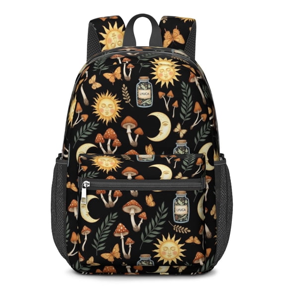 Sun and Mushroom Gothic Pattern 17" Waterproof Oxford School Backpacks for Teens, S-Shape Padded Straps, for School, Travel, Hiking, Camping
