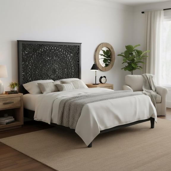 Taran Designs Gianna Floral Carved Solid Wood King Bed in Black