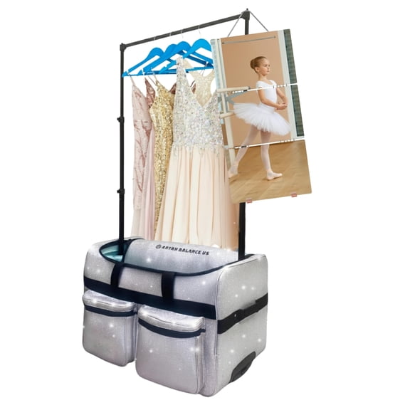 28″ Rolling Dance Trolley Bag With Garment Rack & Foldable Mirror – Wheeled Upright Duffel Travel Suitcase for Shows & Competitions (Sparkling Silver)