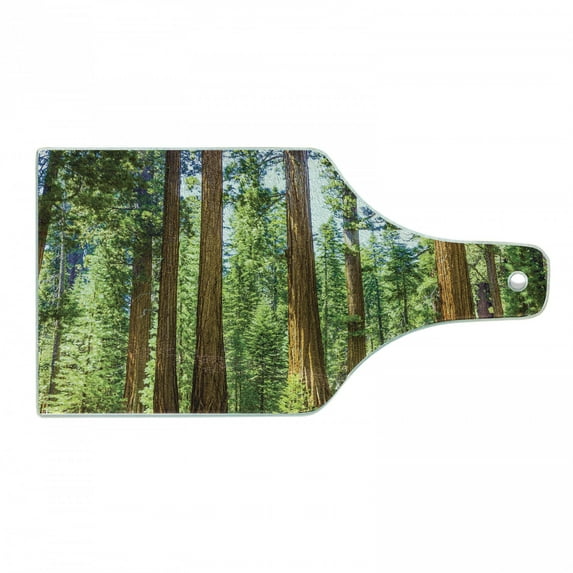 National Parks Cutting Board, View of Tree Branches in Scenic Springtime Conifers Sequoia Art Prints, Decorative Tempered Glass Cutting and Serving Board, Wine Bottle Shape, Green Brown, by Ambesonne