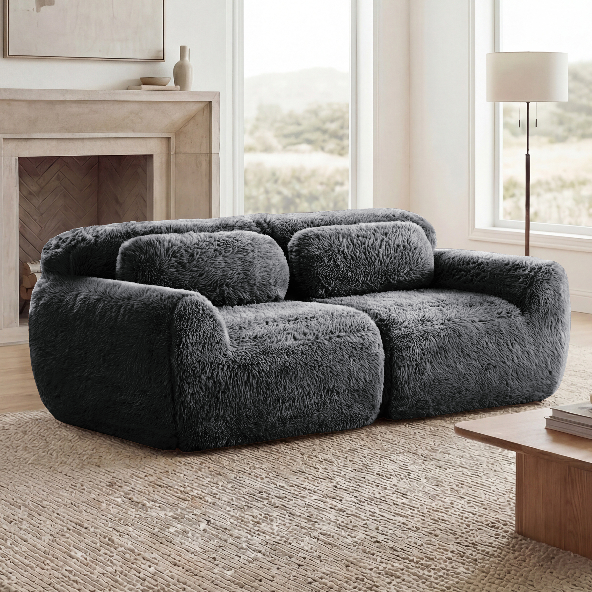 Anpport 80" 2-Seater Modular Cloud Sofa, Soft Fluffy Plush Fabric Sectional Couch, 32D High Density Sponge, No Assembly Required Ergonomic Comfy Sofa with Pillows for Living Room, Dark Grey