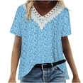 thumbnail image 3 of Zpanxa Summer Tops for Women 2023 Trendy Casual Cap Sleeve Lace Stitching T Shirts Blouse, Loose V Neck Short Sleeve Tee Shirts, Cute Floral Print Boho Summer Tops Light Blue XL, 3 of 8