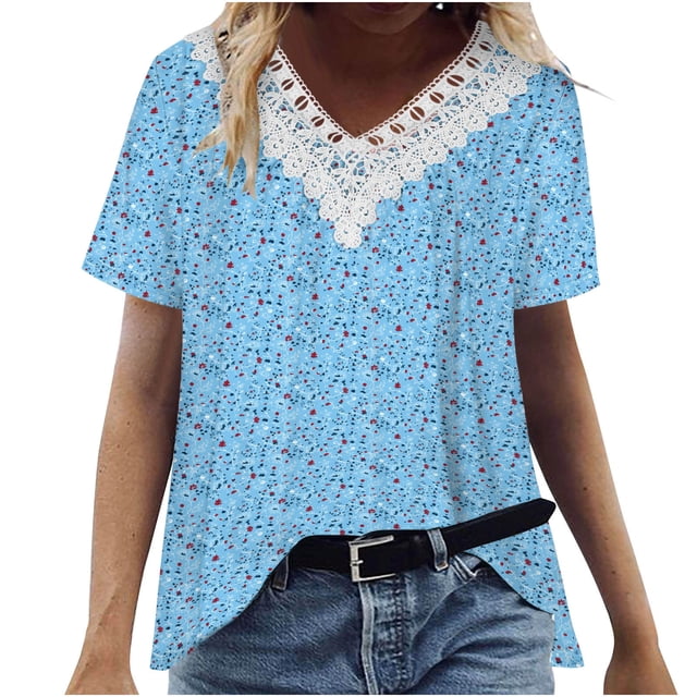 Dealovy Womens Summer Top Lace V Neck Short Sleeve Shinny Printed Ruffle Loose Fitted T Shirts