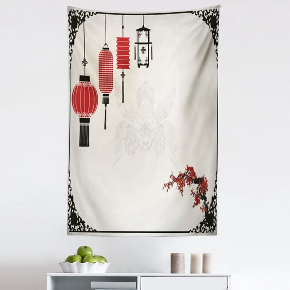 Lantern Tapestry, Minimalist Chinese New Year Themed Pattern Eastern Parts of the World Print, Fabric Wall Hanging Decor for Bedroom Living Room Dorm, 5 Sizes, Black White Red, by Ambesonne