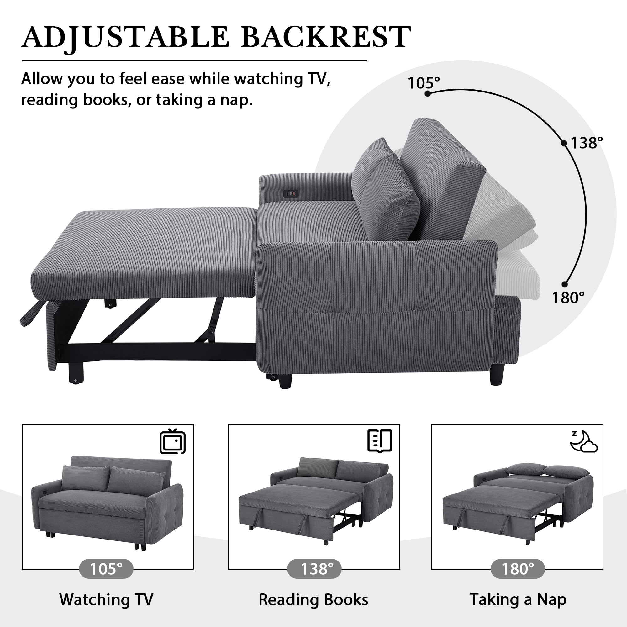 Aukfa 57.48" Sleeper Sofa Bed, Modern Convertible Loveseat Sofa Couch with USB Ports, Dark Gray