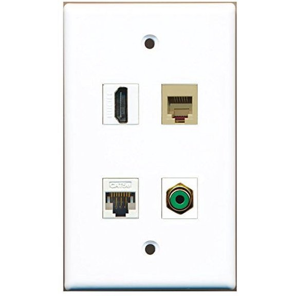 RiteAV - 1 Port HDMI 1 Port RCA Green 1 Port Phone RJ11 RJ12 Beige 1 Port Cat5e Ethernet White Wall Plate