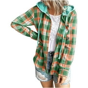 yoeyez Women Shacket Jacket Trendy Long Sleeve Plaid Shirts Flannel Button Down Outerwear Tartan Trench Coats with Hooded