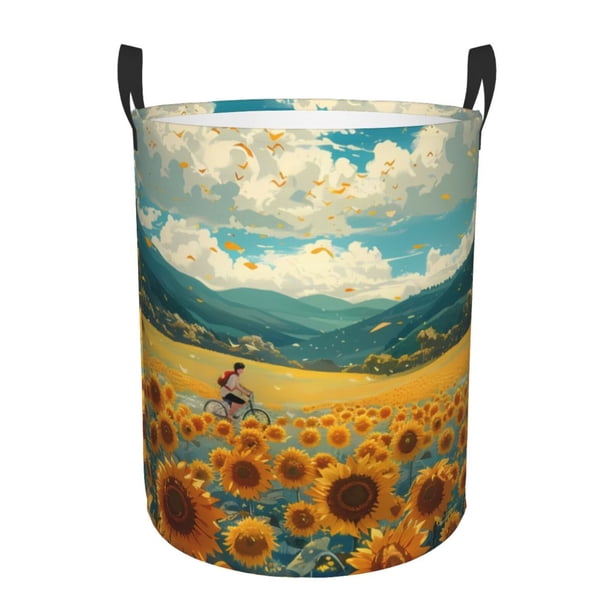 Balery Field Style Bicycle Young Sunflower Cesta de ropa redonda con asas, impermeable, independiente, para ropa, juguetes, dormitorio y familia-Small