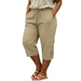 thumbnail image 6 of Women's Plus Size Casual Solid Lace Trim Drawstring 3/4 Pants, Cotton Linen Blend Summer Capris, Soft Elastic Waist Side Pockets, Lightweight Breathable for Work Walking | TruHer,Khaki L, 6 of 6