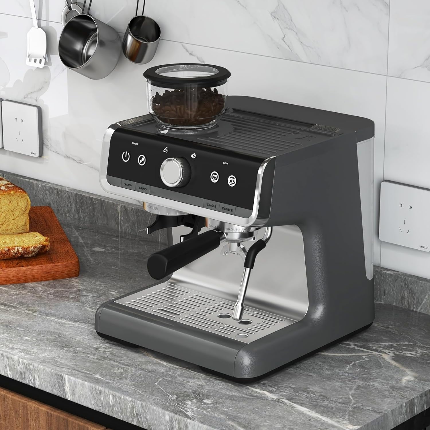 COZONY Espresso Machine 20 Bar, 2.8 L Water Tank, Semi Automatic Coffee Maker with Grinder, Milk Frother/Steam Wand, Italian Pump, All-in-One Espresso Machine, Stainless Steel, Silver