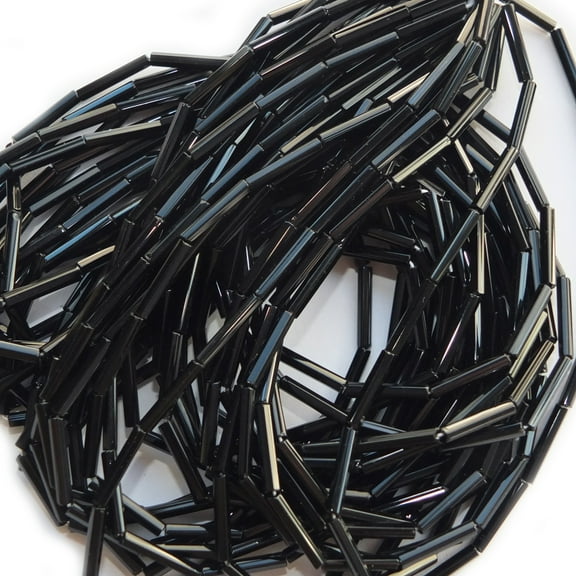 Bugle Beads Black Opaque Shiny Size 5 (1/2") Czech Glass Full Hank Pack