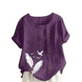 thumbnail image 2 of Lydiaunistar Women's Spring Tops Plus Size Casual Linen Round Neck Short Sleeve Button Printed Blouse Polyester Lightweight Comfy Spring Summer Fall T-Shirt Purple, 2 of 4