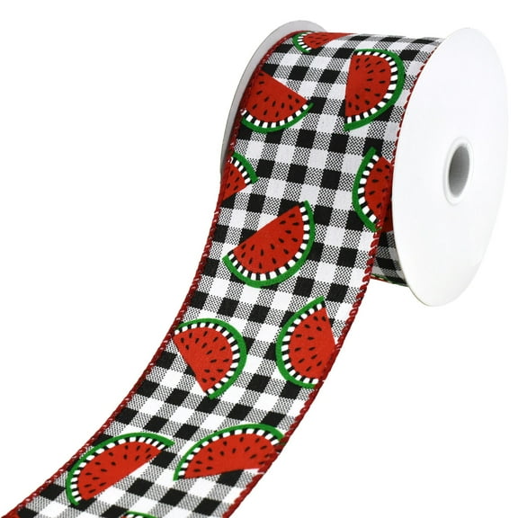 Watermelon Slices Buffalo Plaid Wired Ribbon, 2-1/2-Inch, 10-Yard