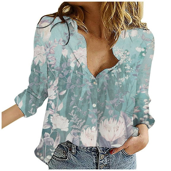 IROINNID Discount Womens Plus Size Tops Lounge Lapel Top Loose Buttoned Long Sleeve Print Blouse,Blue