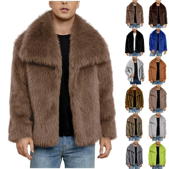 Faux Fur Jacket for Mens Zip Up Lapel Fluffy Furry Coats Long Sleeve Warm Winter Outerwear Lightweight Overcoat