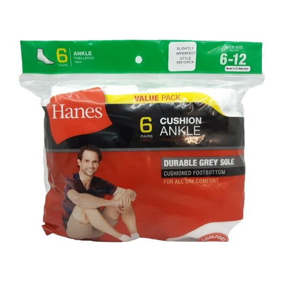 Hanes Cushion White Unisex Ankle Socks *SLIGHTLY IMPERFECT*, 6 Pairs, Size 6-12