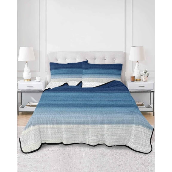 Quilts King Size, Navy Blue Ombre Soft Comforter Bedding Set for Bed, Modern Abstract Art Blue White Striped Lightweight Quilted Bedspread with Pillow Cover(2 Pieces) for All Season, 96x106 Inch