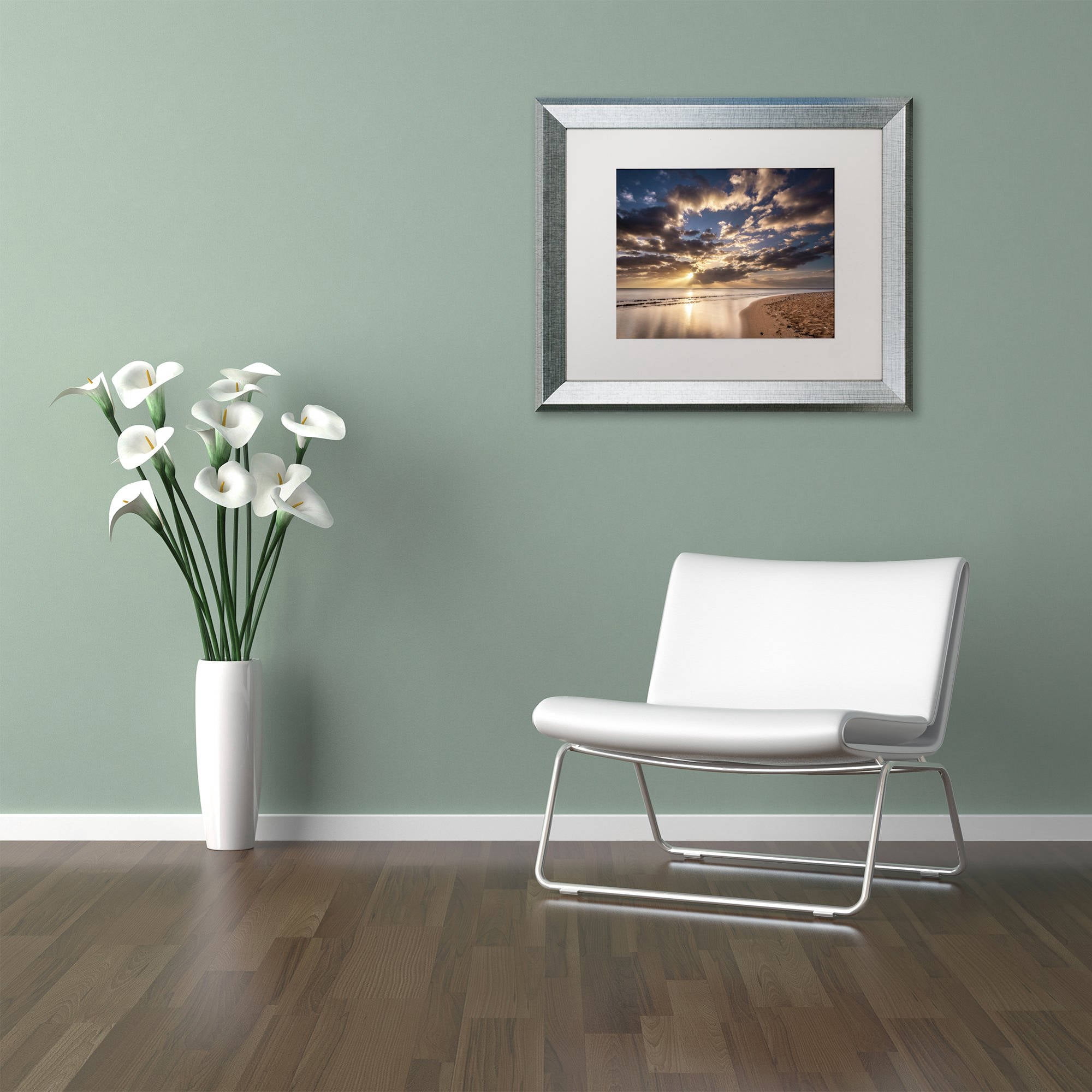Trademark Fine Art 'Kauai Beach Sunrise' Canvas Art by Pierre Leclerc, White Matte, Silver Frame