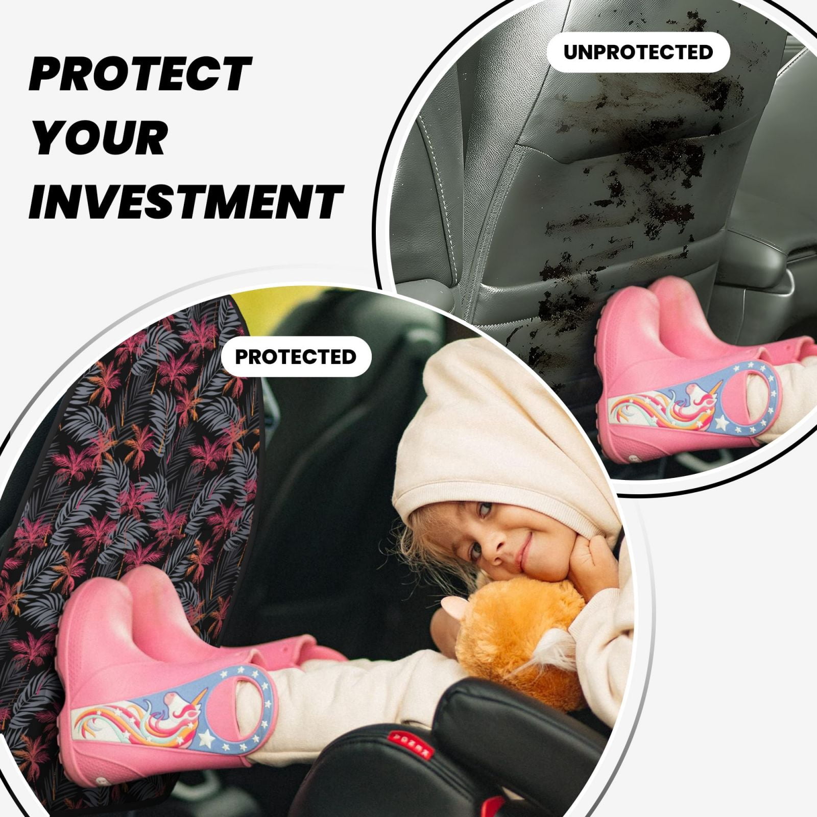 Kdxio Colorful Hawaii Palms Print 2 Pack Car Kick Mat Seat Cover Back Protector Mat with Pockets for Organizer Backseat Protector and Storage Anti Kick Pad for Vehicles