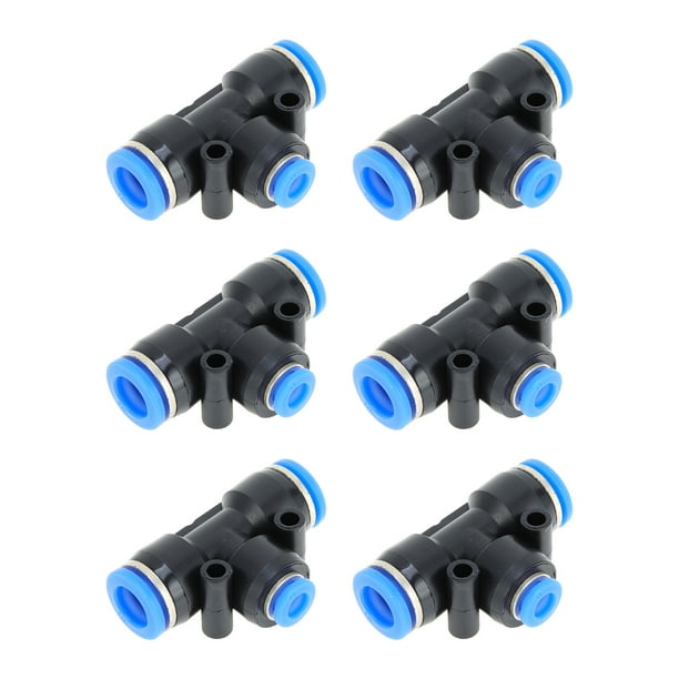 Conectores de aire de empuje únicos Bargains 3/8"x1/4"x3/8" en forma de T, conector rápido de línea de aire de plástico, 6 piezas, azul y negro