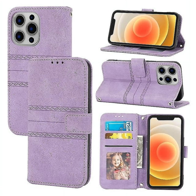 Funda de cuero PU + TPU con hebilla magnética de rayas en relieve para iPhone 13 Pro Max, con tapa horizontal, soporte, ranura para tarjetas, billetera, marco de fotos y correa