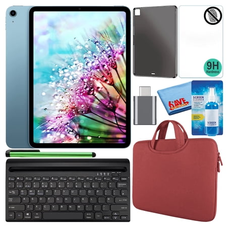 Apple 10.9" iPad Air (2022, 256GB, M1 Chip, Wi-Fi, Blue) (MM9N3LL/A) Bundle with Red Zipper Sleeve + Screen Protector + TPU Case + Keyboard + LCD Cleaner